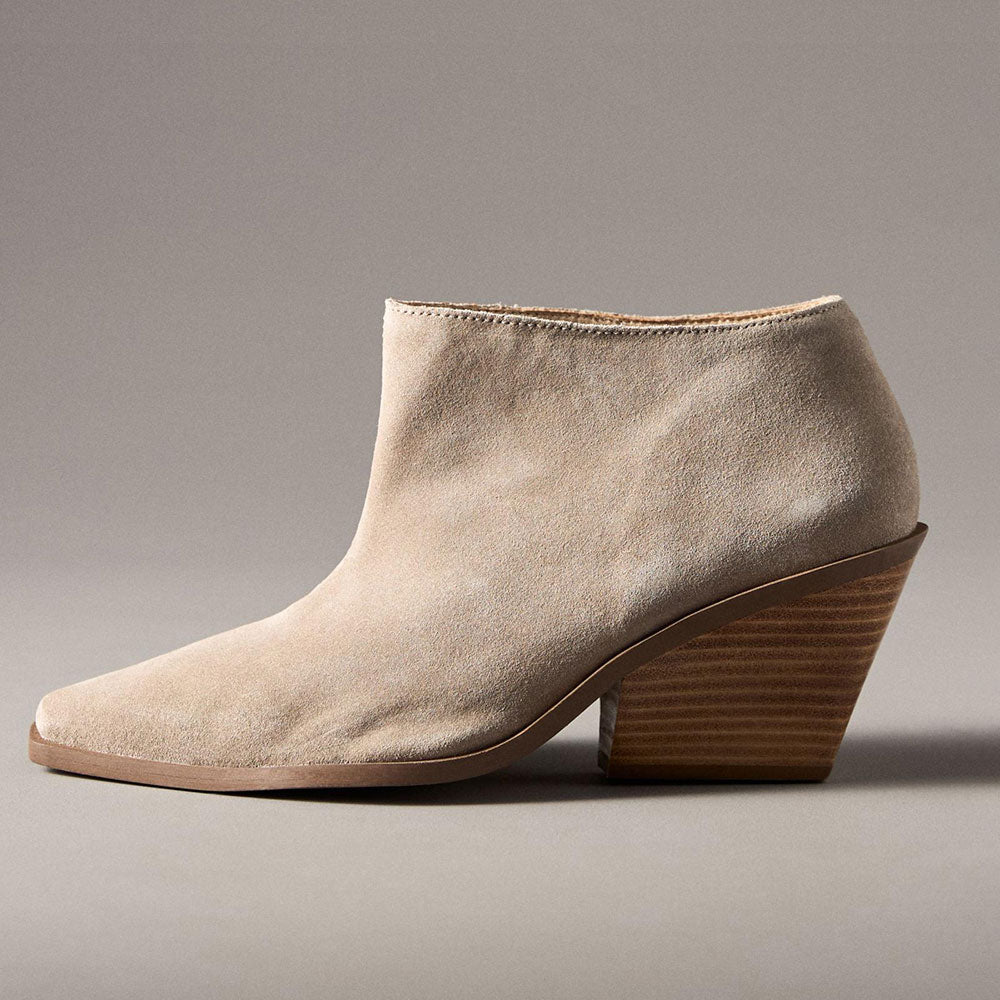 Beige Vegan Suede Pointed Toe Pull-On Chunky Heeled Ankle Boots