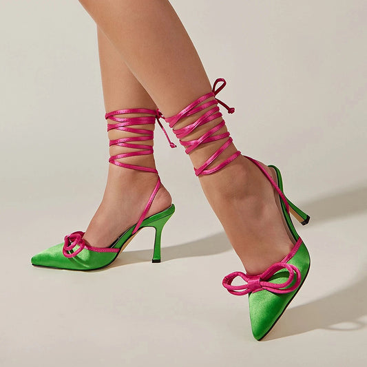 Women's Pink and Green Satin Pointed Toe Wrap Strap Pumps Heels