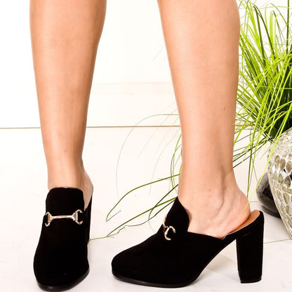 Black Vegan Suede Closed Toe Chunky Heels Horsebit Mule Loafers