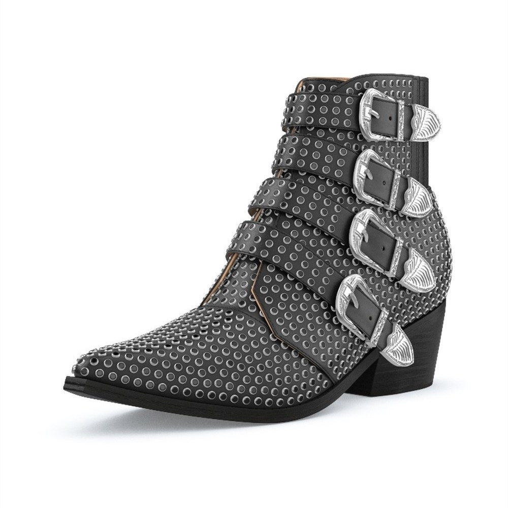 Black Pointed Toe Buckle Strap Chunky Heel Ankle Boots with Studs