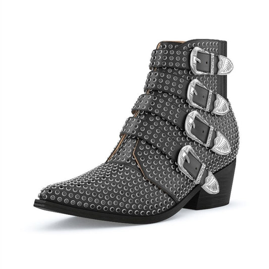 Black Pointed Toe Buckle Strap Chunky Heel Ankle Boots with Studs