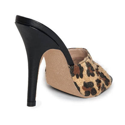 Brown Leopard Print Faux Horse Hair Peep Toe Mule Heels