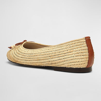 Stylish Beige Woven Raffia Round Toe Ballet Flats with Bow Decor