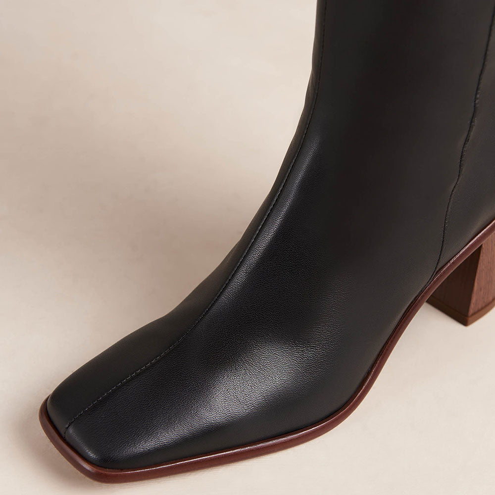 Black Vegan Leather Square Toe Chunky Heel Side-Zipper Knee High Boots