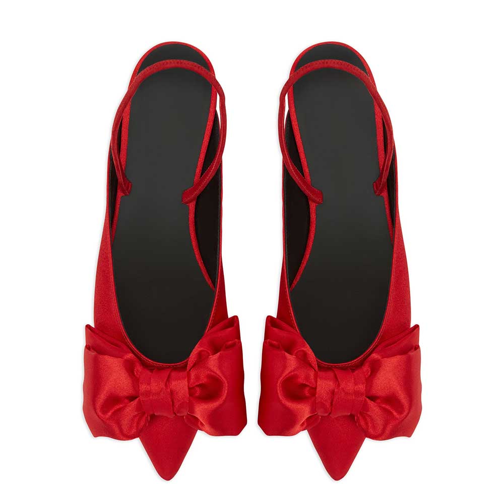 Red Satin Bow Inlay Pointed-Toe Slingback Backless Slingback Flats