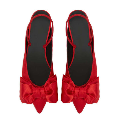 Red Satin Bow Inlay Pointed-Toe Slingback Backless Slingback Flats
