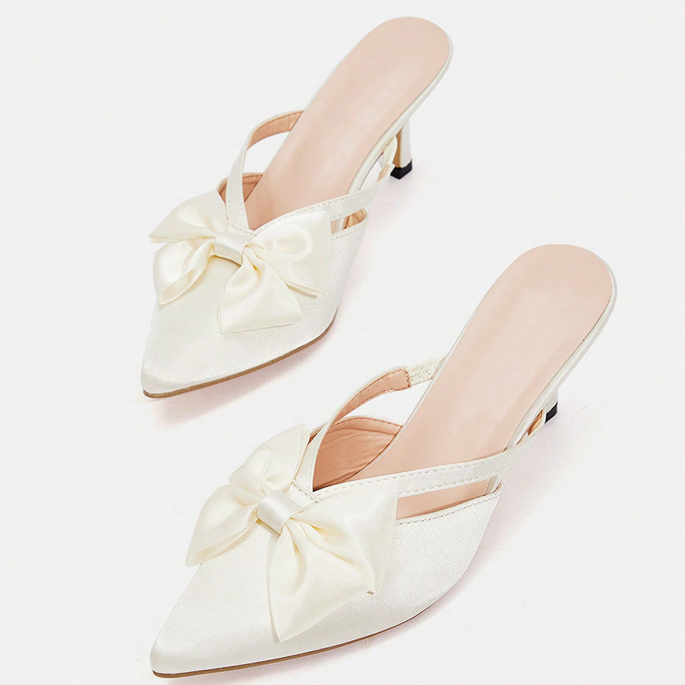 White Satin Closed Pointed Toe Bow Mules With Kitten Heels