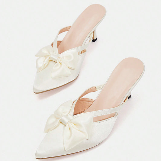 White Satin Closed Pointed Toe Bow Mules With Kitten Heels