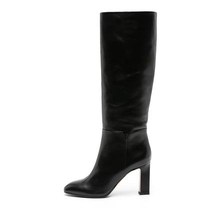 Black Round Toe Chunky Heel Pull-On Knee High Boots for Women