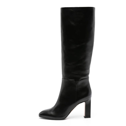 Black Round Toe Chunky Heel Pull-On Knee High Boots for Women