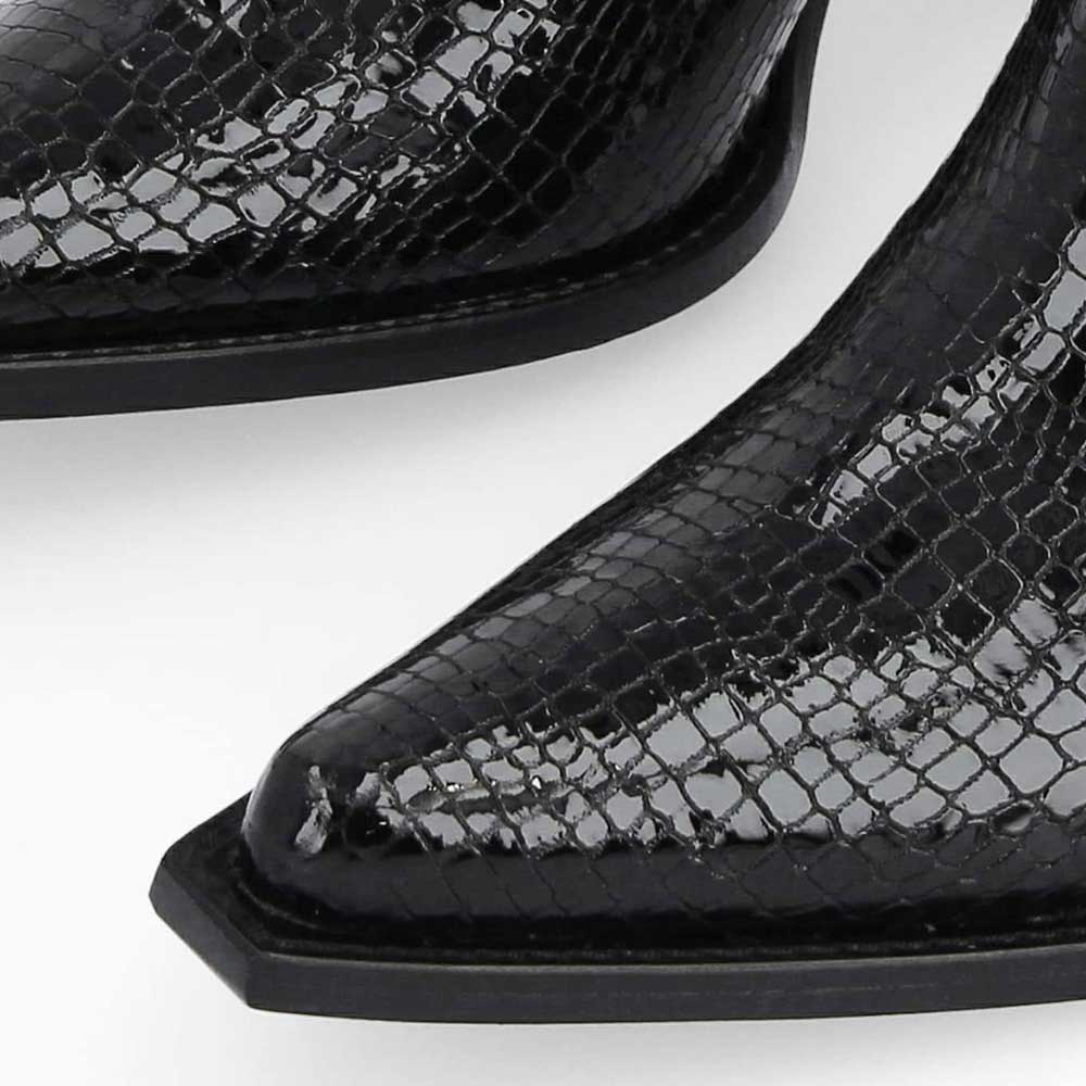 Black Snip Toe Python Embossed Chelsea Western Heeled Ankle Boots