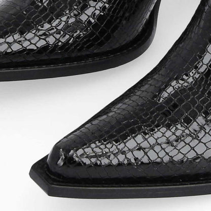 Black Snip Toe Python Embossed Chelsea Western Heeled Ankle Boots