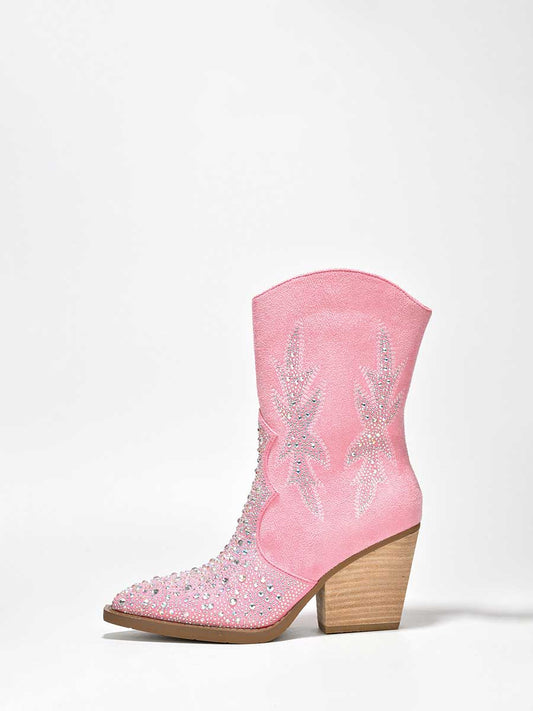 Pink Faux Suede Pointed Toe Rhinestone Embellished Heeled Cowgirl Ankle Boots