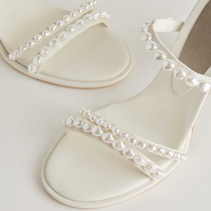 White Round Toe Chunky Heel Pearl-Studded Strappy Mules