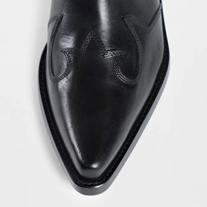 Black Pointed Toe Chain Chunky Heel Hardware Decor Strap Ankle Boots