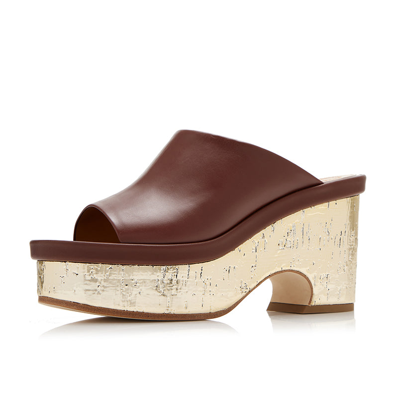 Women's Brown Peep Toe Block Heel Vintage Shoes Casual Platform Mules