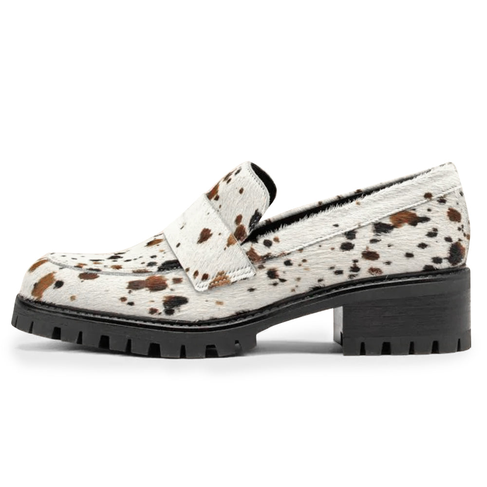 White Closed Toe Spotted Design Low Chunky Heel Womens Loafers