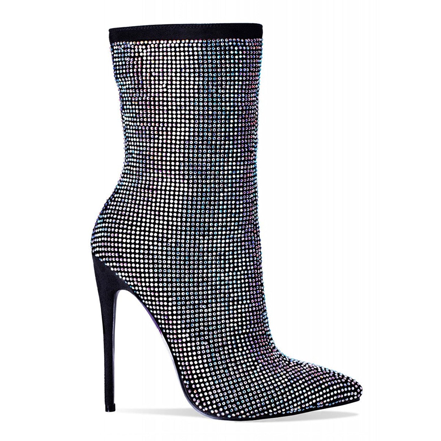 Black Stiletto Heels Pointy Toe Strass Hotfix Ankle Boots