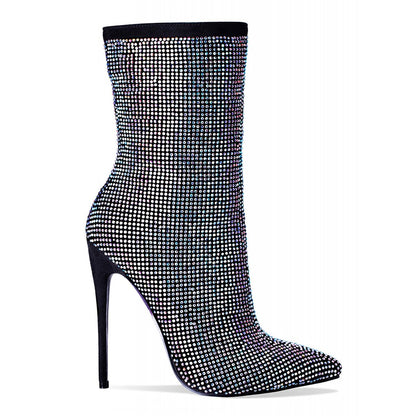 Black Stiletto Heels Pointy Toe Strass Hotfix Ankle Boots