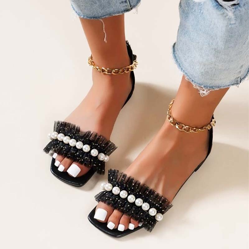 Women's Black Square Toe Flats Ruffle Ankle Strap Pearl Sandals