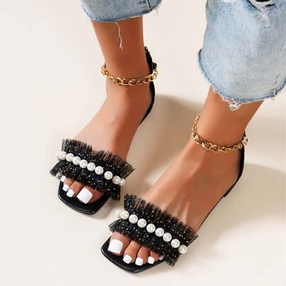 Women's Black Square Toe Flats Ruffle Ankle Strap Pearl Sandals