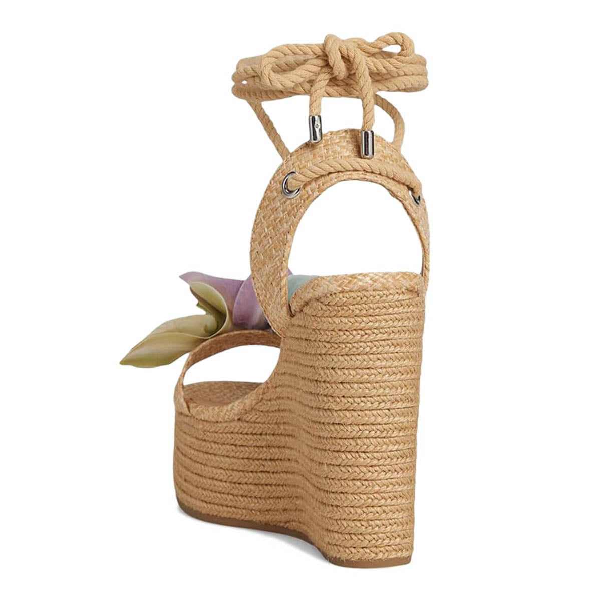 Khaki Woven Open Toe Floral Embellished Platform Heel Sandals