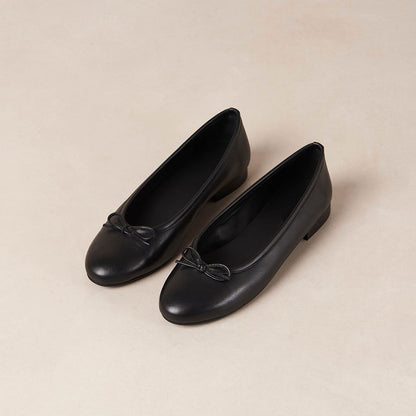 Black Vegan Leather Round Toe Slip-On Ballet Flats with Bow