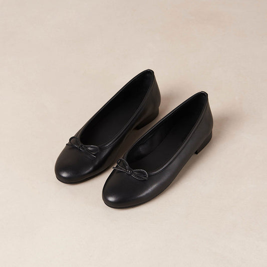 Black Vegan Leather Round Toe Slip-On Ballet Flats with Bow