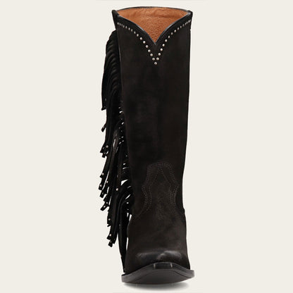Black Fringe Pointed Toe Chunky Heel Mid Calf Boots with Studs
