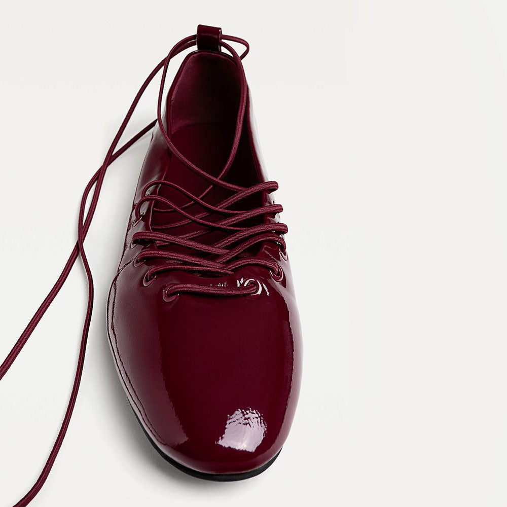 Burgundy Patent Leather Round Toe Lace-Up Ballet Flats with Straps