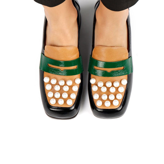 Three-Tone Square Toe Pearl Shoes Block Heel Penny Loafers for Women