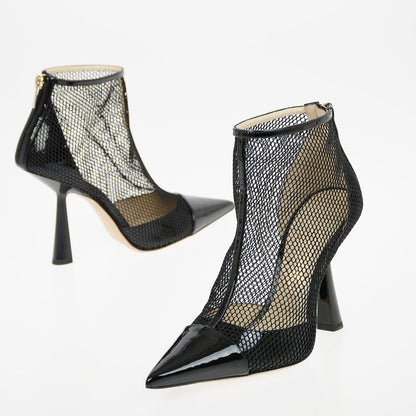 Black Net & Patent Leather Ankle Boots Pointy Toe Flared Heel Booties