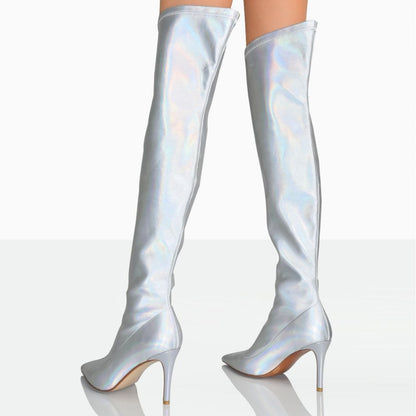 Women's Silver Pointed Toe Holographic Over-the-Knee High Heel Boots