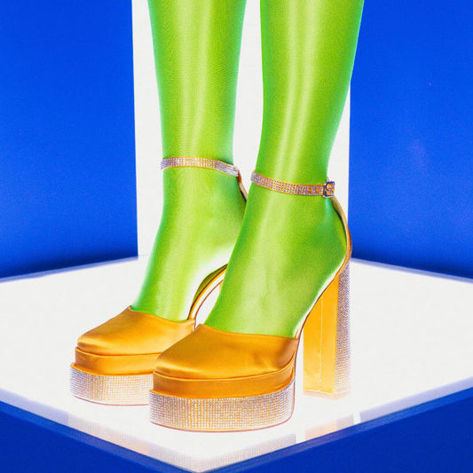 Women's Satin Square Toe Platform Heels Ankle Strap Rhinestone Pumps