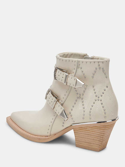 Ivory Vegan Leather Snip Toe Side-Zip Cowgirl Ankle Boots With Chunky Heels