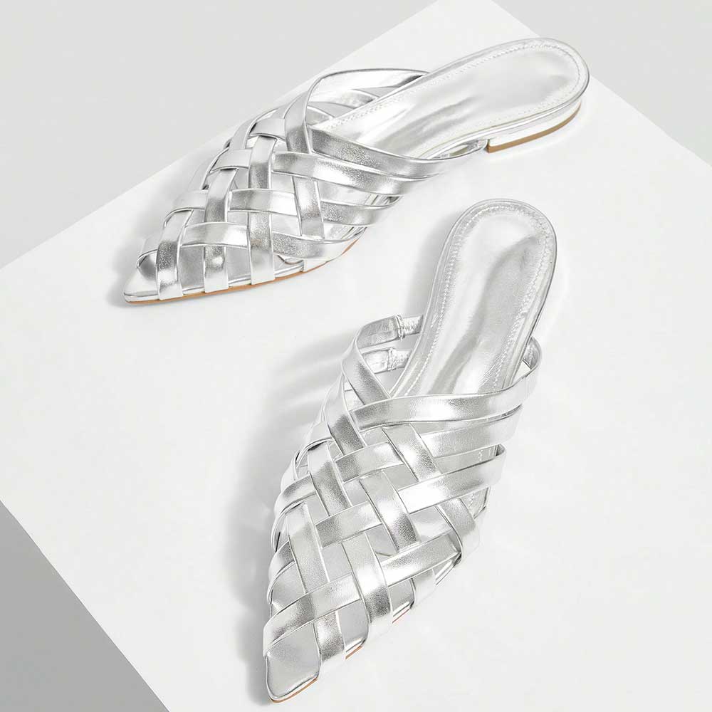 FSJ Metallic Finish Woven Pointed Toe Silver Flat Mules Shoes