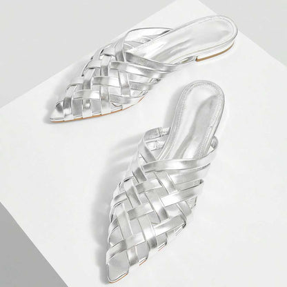 FSJ Metallic Finish Woven Pointed Toe Silver Flat Mules Shoes