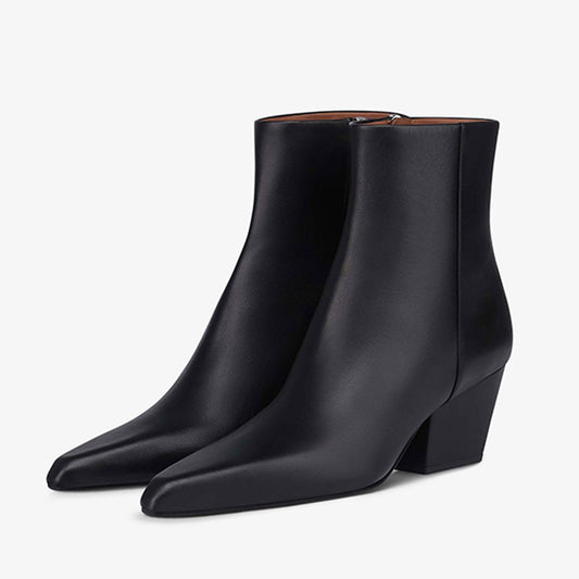 Black Pointed Toe Block Heel Side Zipper Ankle Boots for Women