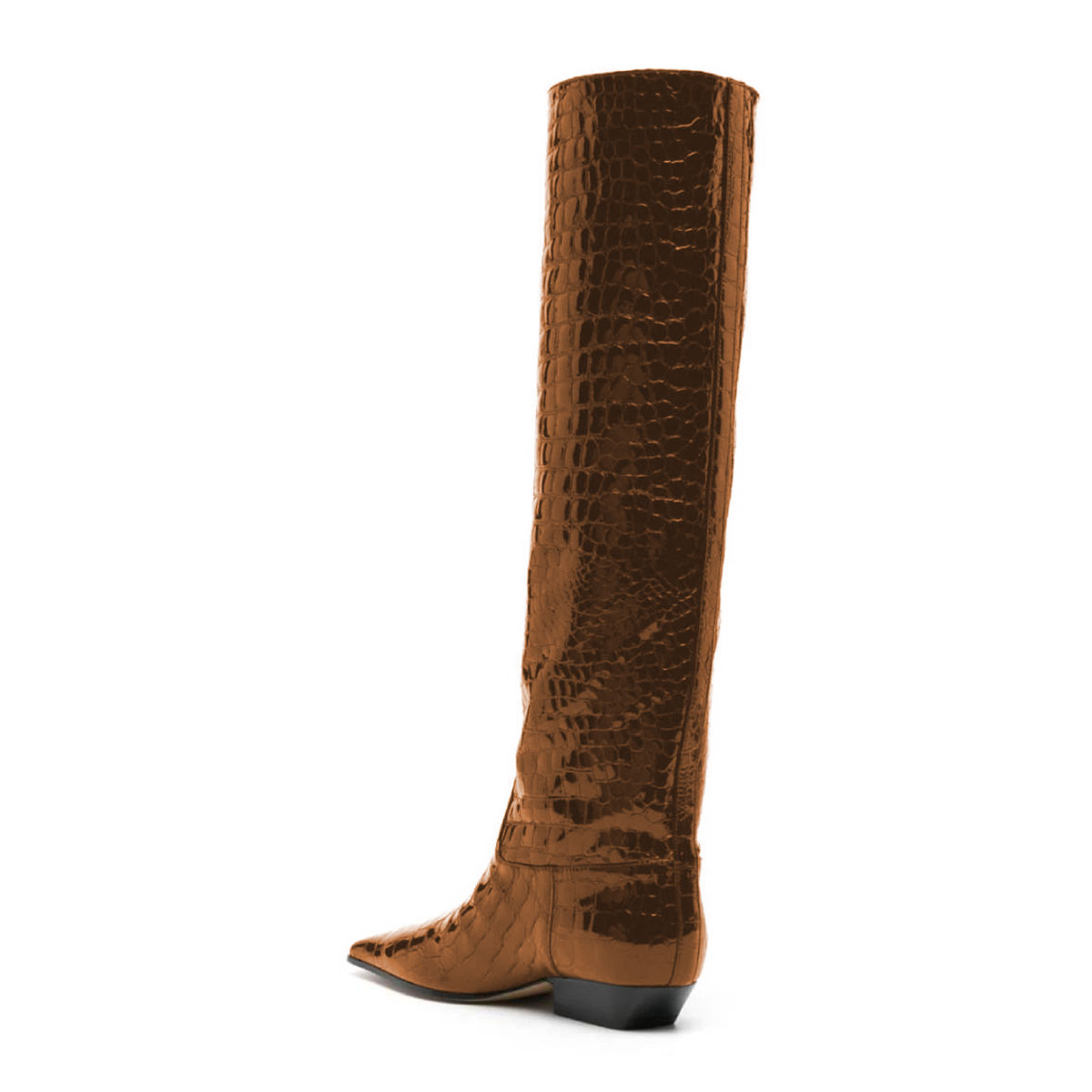 Brown Crocodile Embossed Square Toe Chunky Heel Knee High Boots