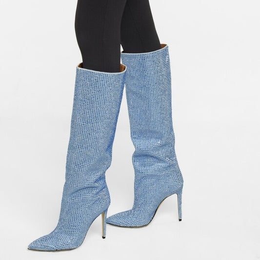 Blue Pointed Toe Stiletto Heels Rhinestones Fashion Knee High Boots