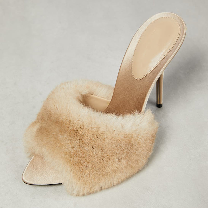 Beige Satin Peep Toe Stiletto Party Shoes Faux Fur Band Mule Heels