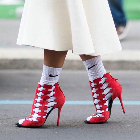 Women's Red Stiletto Heels Strappy Sandals Hollow-Out Ankle Boots