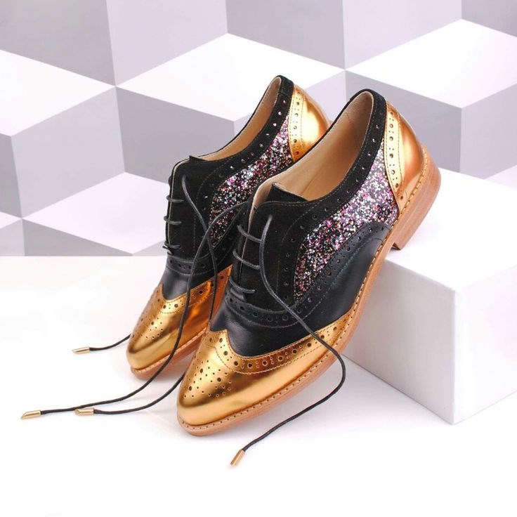 Black and Gold Two Tone Wingtip Glitter Women's Oxfords Lace Up Flats