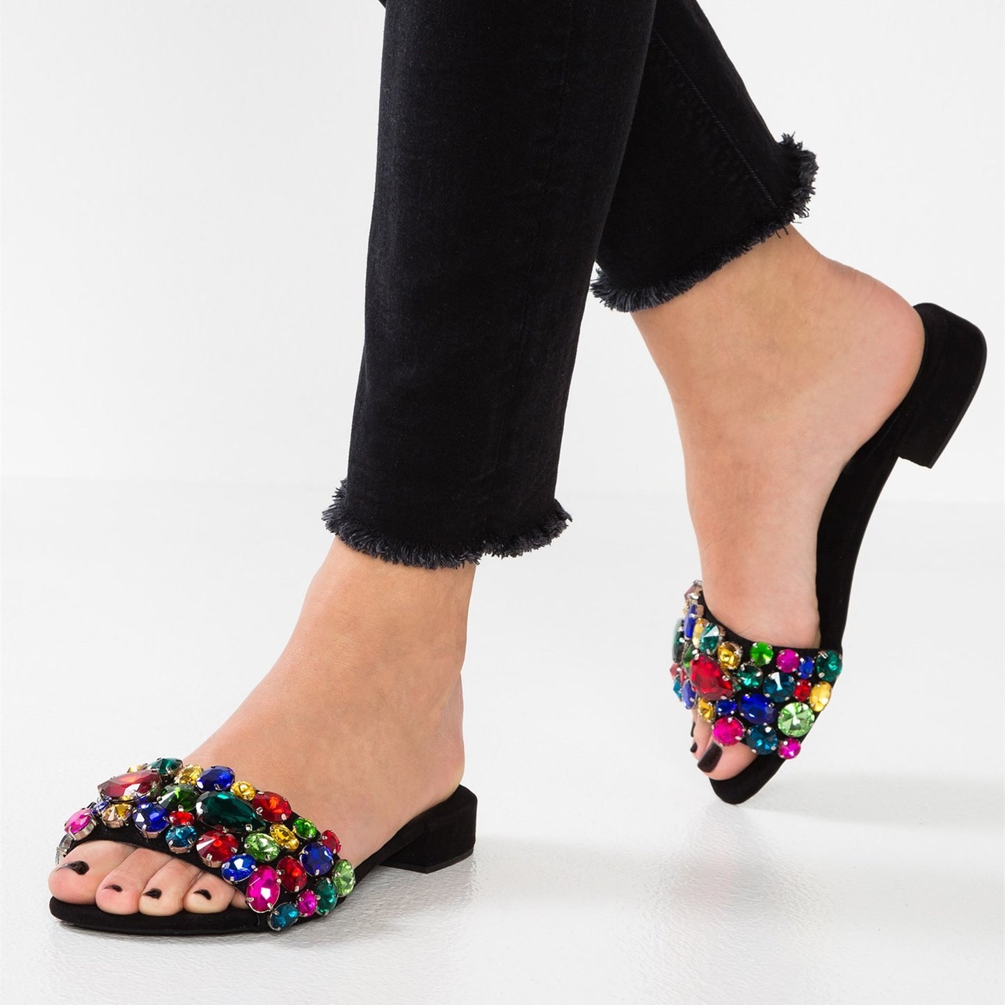 Colorful Rhinestone Women's Slide Sandals Open Toe Flats