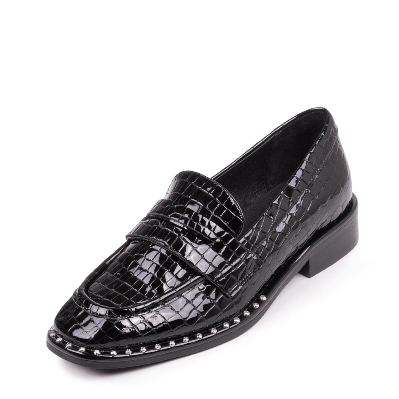 Black Patent Leather Embossed Square Toe Penny Loafers for Women