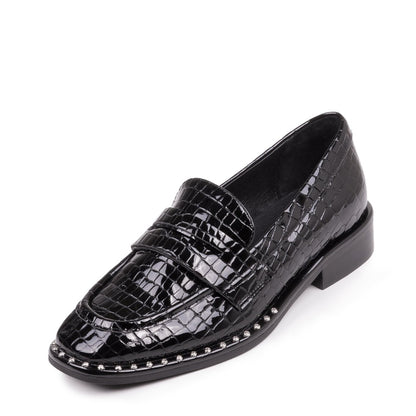 Black Patent Leather Embossed Square Toe Penny Loafers for Women