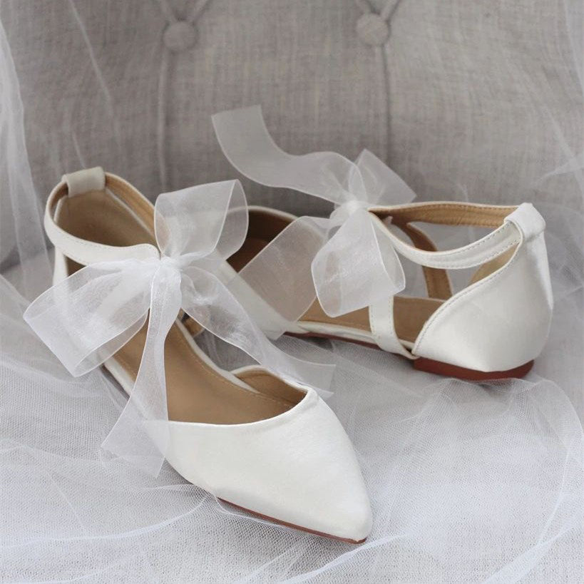 White Satin Pointed Toe Bow Ankle Strap Wedding Flats