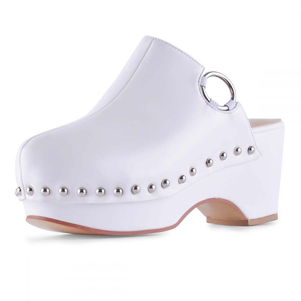 White Round Toe Clogs Chunky Heel Platform Mules with Studs