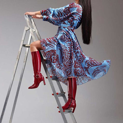 FSJ Burgundy Pointed Toe Heeled Knee High Boots with Ring Buckle