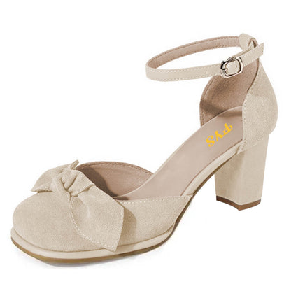 Women's Faux Suede Closed Toe Chunky Heel Buckle Beige Pumps